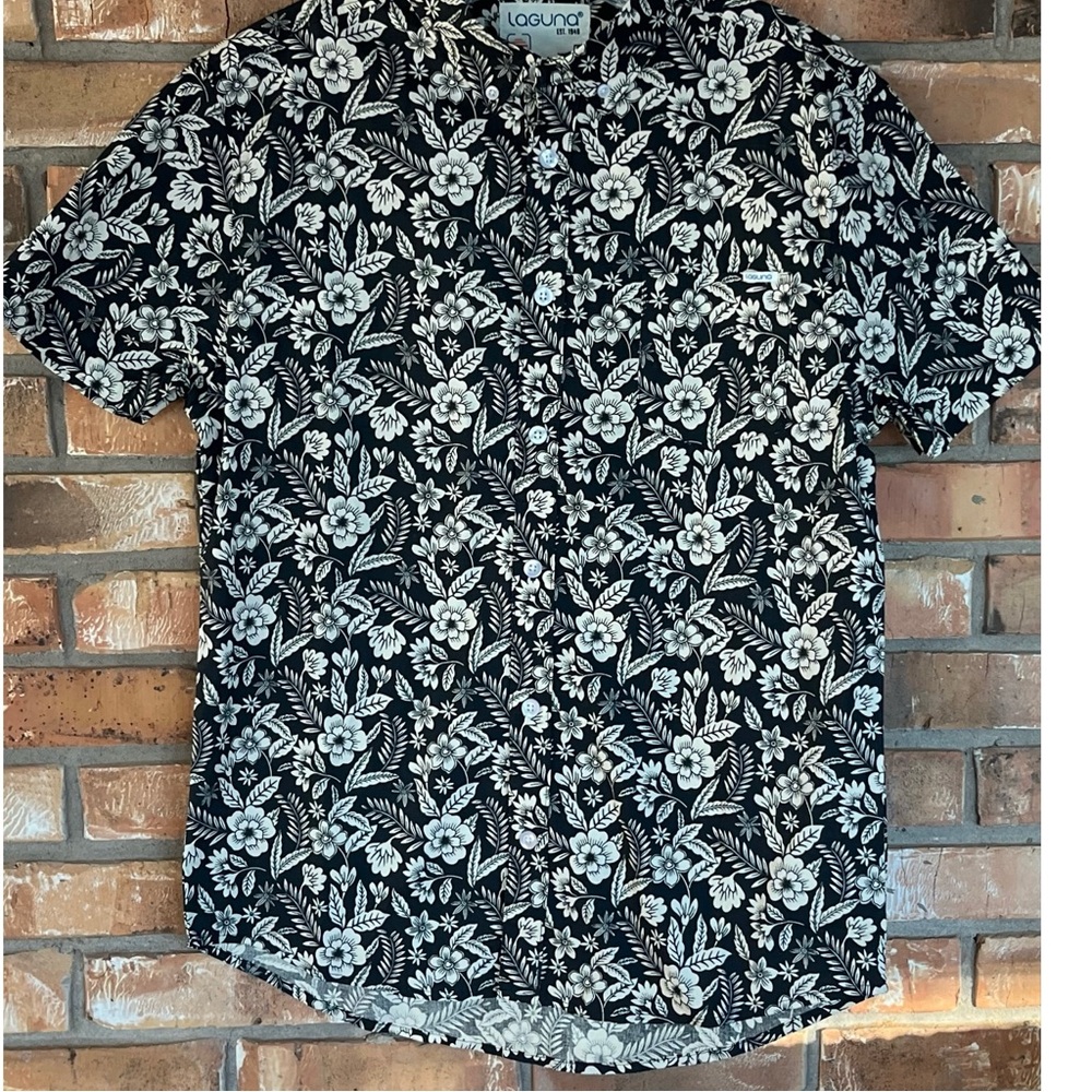 Laguna Men’s Cotton Stretch Black & White Floral Print Button Down Shirt Medium